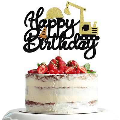 Dxsdgetue Construction Happy Birthday Cake Topper Excavator Party Cake Dessert Pick Decorations for Construction Theme Baby Shower Kids Boy Birthday Party Supplies Black Glitter