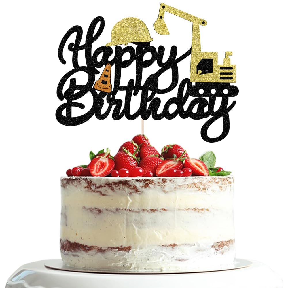 Dxsdgetue Construction Happy Birthday Cake Topper Excavator Party Cake Dessert Pick Decorations for Construction Theme Baby Shower Kids Boy Birthday Party Supplies Black Glitter