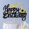 Dxsdgetue Construction Happy Birthday Cake Topper Excavator Party Cake Dessert Pick Decorations for Construction Theme Baby Shower Kids Boy Birthday Party Supplies Black Glitter view 3