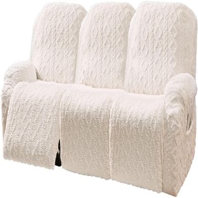 8 Pieces Recliner Chair Covers, Geometric Jacquard Plush Recliner Slipcovers, Couch Sofa Covers, Soft Fuzzy Fluffy Anti-Slip Furniture Protector for Kids Cats Dogs Elastic Bottom (Cream,3 Seat)