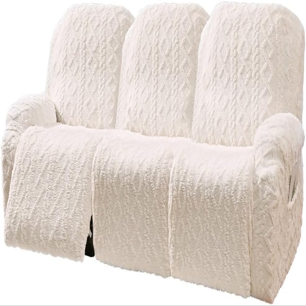 8 Pieces Recliner Chair Covers, Geometric Jacquard Plush Recliner Slipcovers, Couch Sofa Covers, Soft Fuzzy Fluffy Anti-Slip Furniture Protector for Kids Cats Dogs Elastic Bottom (Cream,3 Seat)