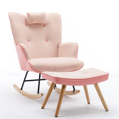 35.5 inch Rocking Chair, Soft Houndstooth Fabric Leather Fabric Rocking Chair for Nursery, Comfy Wingback Glider Rocker with Safe Solid Wood Base for Living Room Bedroom Balcony (Pink)