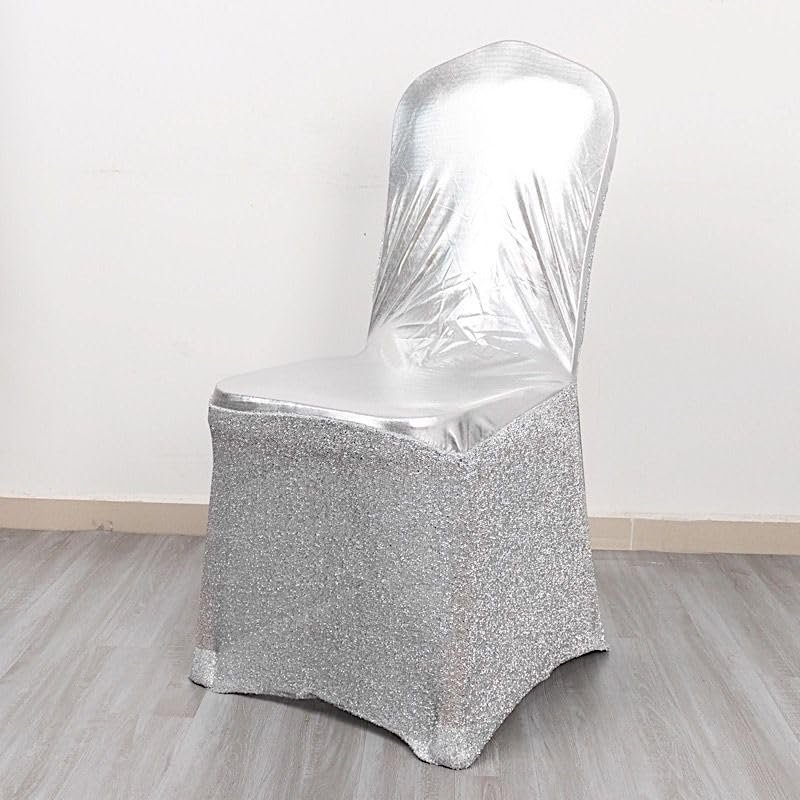 Balsa Circle Metallic Silver Tinsel Spandex Stretchable Banquet Chair Cover Sash Band Buckle Party Events Reception Home Decorations Supplies