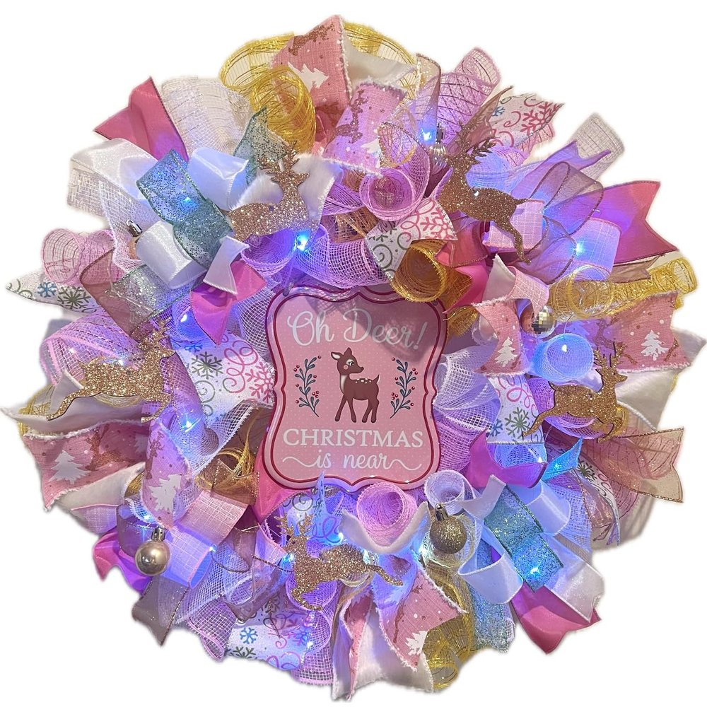 Handmade Oh Deer! Christmas is Near Holiday Ribbon Door Wreath 22 in W65 SO CUTE