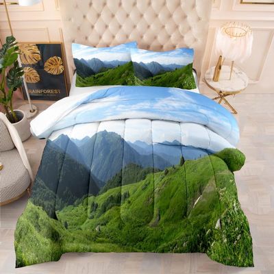 Jingzhang Landscape Comforter Set King Size, 3D Print Nature Green Mountain Forest Bedding Set Spring Green Mountain Forest Quilt Duvet Insert 3 Pieces