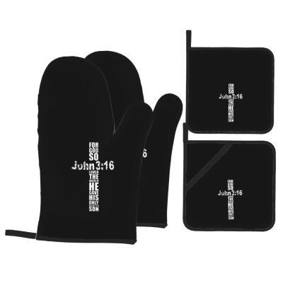 Rqwaaed Religious Cross John 3-16 Premium Heat Resistant Oven Mitts Pot Holders Baking 4-Piece Set