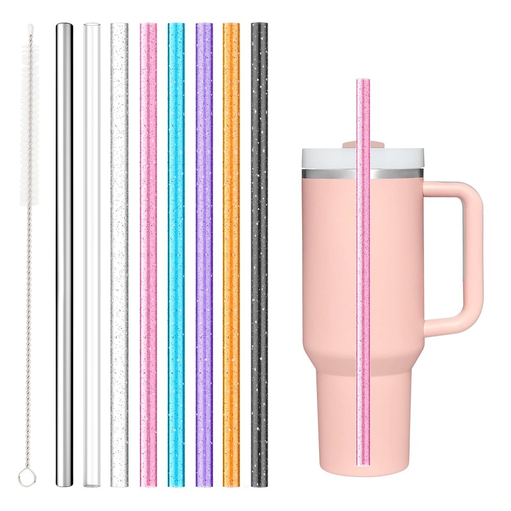 8PCS Color Replacement Straws for Stanley Owala Simple Modern, Alwenid Reusable Glitter Clear Stainless Steel Straws Accessories for Tumbler Mug Cup, BPA Free and Dishwasher Safe(7*Tritan+1*Metal)