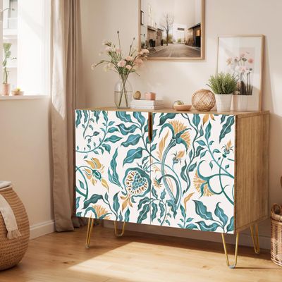 SIGNWIN Sideboard Buffet Cabinet, Kitchen Storage Cabinet with 2 Doors, Colorful Plant Leaves Parttern, Cupboard Console Table for Dining Room- 35" L x 18" W x 29" H