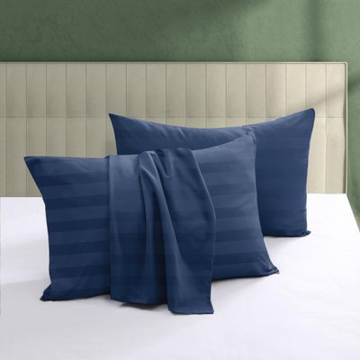 100% Egyptian Cotton Pillow Protectors Set of 2, 600 Thread Count King Size Bed Pillow Cases with Zipper, Sateen Weave Cooling Pillow Cover Quiet and Breathable Easy Care (2PCS, Striped Navy Blue)