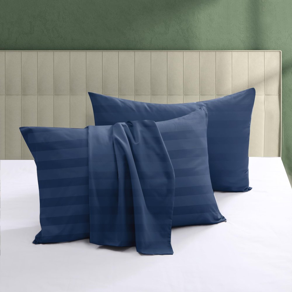 100% Egyptian Cotton Pillow Protectors Set of 2, 600 Thread Count King Size Bed Pillow Cases with Zipper, Sateen Weave Cooling Pillow Cover Quiet and Breathable Easy Care (2PCS, Striped Navy Blue)