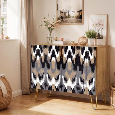 SIGNWIN Sideboard Buffet Cabinet, Kitchen Storage Cabinet with 2 Doors, Mid-Century Brown Black Polygon Landscape Patterns, Cupboard Console Table for Dining Room- 35" L x 18" W x 29" H