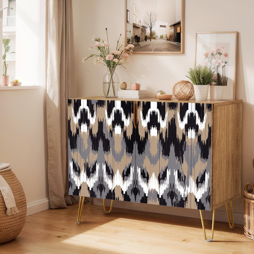 SIGNWIN Sideboard Buffet Cabinet, Kitchen Storage Cabinet with 2 Doors, Mid-Century Brown Black Polygon Landscape Patterns, Cupboard Console Table for Dining Room- 35" L x 18" W x 29" H