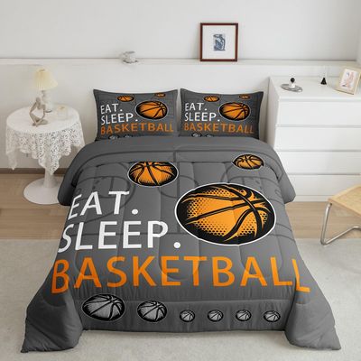 Feelyou Eat Sleep Basketball Comforter Set Grey Bedding Set for Kids Boys Girls Teens Room Decor Animation Style Comforter Full Size Sports Theme Quilt Set 3Pcs
