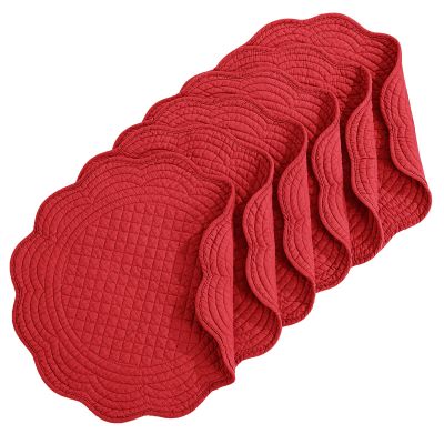 HOMBYS Quilted Placemats Set of 6 Washable Round Placemats for Kitchen Table-100% Cotton Fabric 14 Inch Round Table Mats, Cotton Fabric with Microfiber Filling, (14"x14", Red)