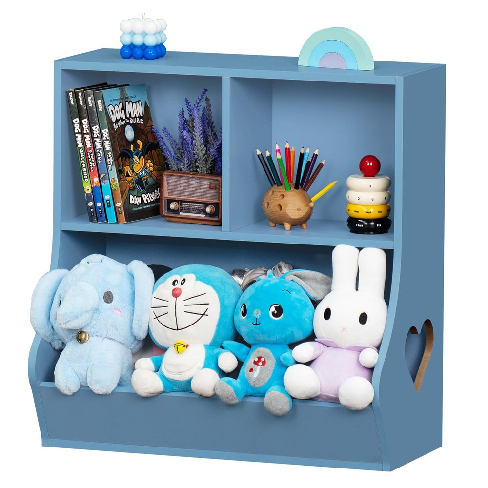 Lerliuo Baby Toddler Bookshelf and Storage Organizer, Kids Cabinet and Bookcase, Wooden 3 Cubby Children Book Shelf for Playroom, Bedroom, Nursery, School 23.62'' H (Blue)