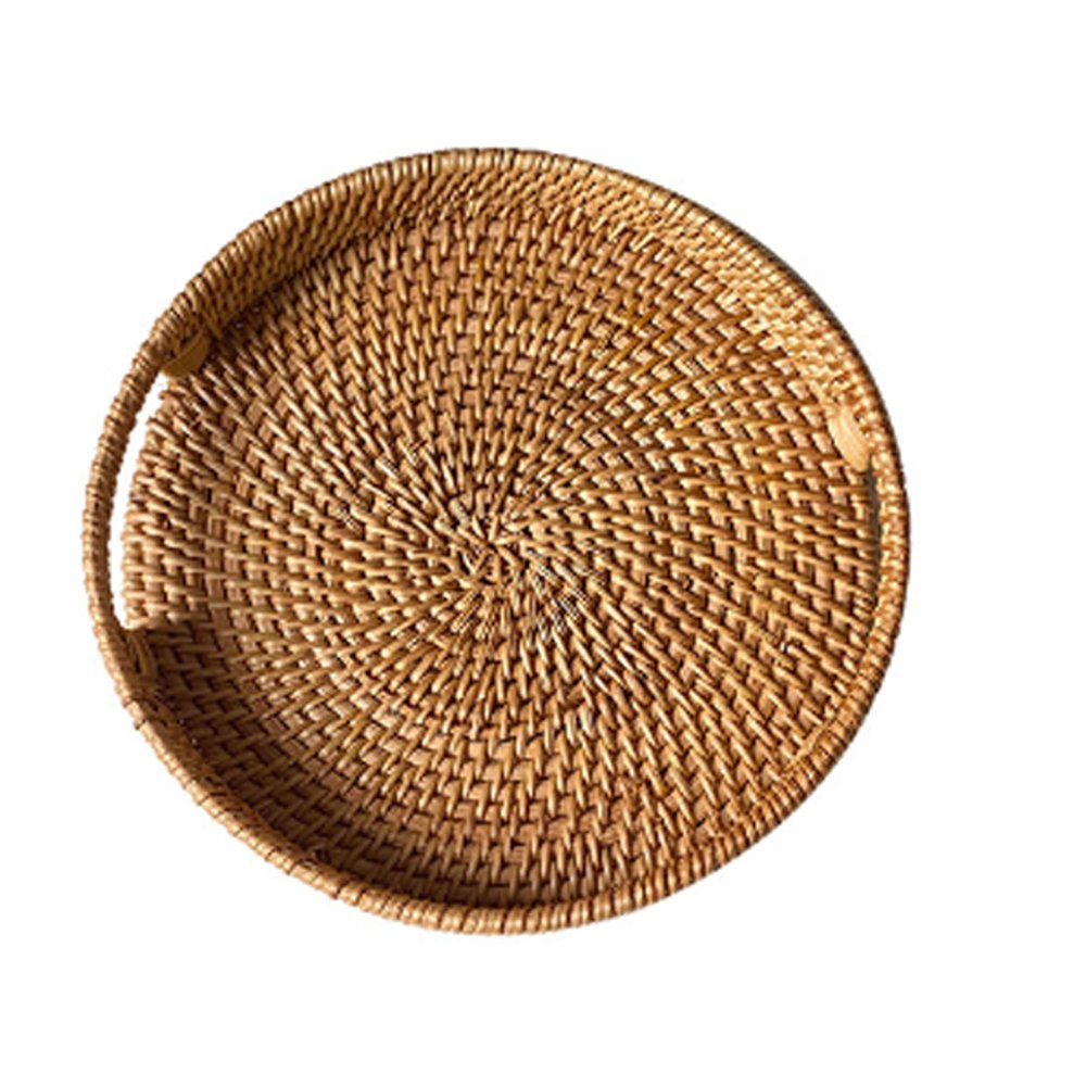 ABPETE Woven Rattan Basket, Round Serving Trays with Handles,Coffee Table Centerpiece Decorative Trays for Home Decor, Rattan Tray for Breakfast, Drinks, Snack,10 in