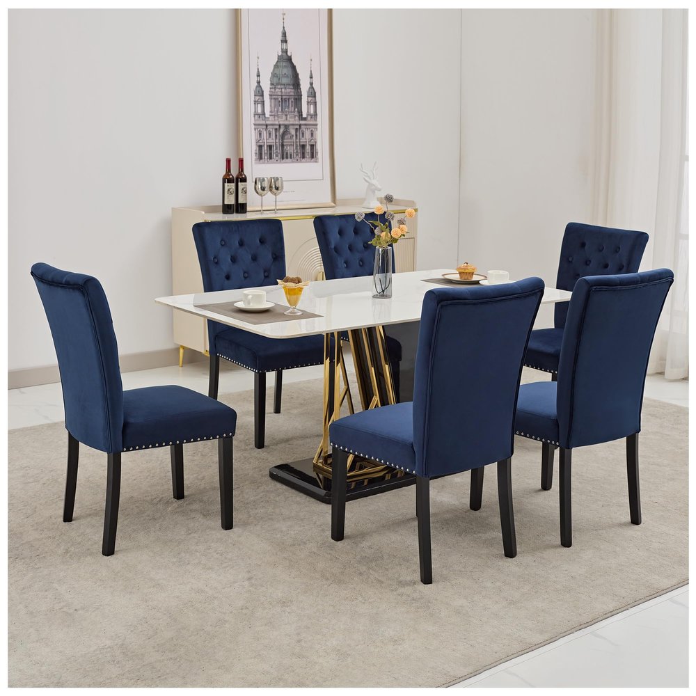 adochr Velvet Dining Chairs Set of 6, Upholstered Dining Room Chairs with Wooden Legs & Nailed Trim, Parsons Kitchen Chair 350 LBS Capacity, Blue