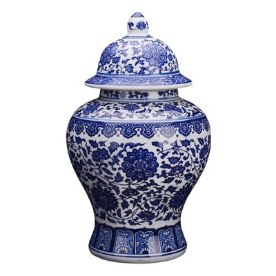 Blue and White Ceramic Floral Temple Ginger Jar Vase with Lid Traditional Chinese Temple Jar China Ming Style for Home Decor Wedding Or Gift (Size : W22xH37cm)