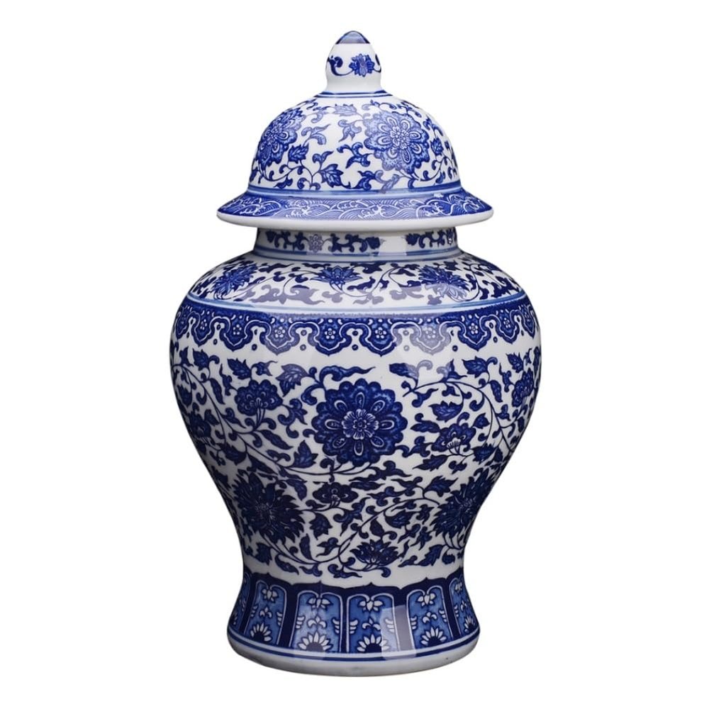 Blue and White Ceramic Floral Temple Ginger Jar Vase with Lid Traditional Chinese Temple Jar China Ming Style for Home Decor Wedding Or Gift (Size : W22xH37cm)