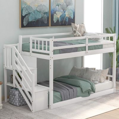 Merax Twin Over Twin Floor Bunk Bed, Solid Wood Twin Bunk Bed Frame with Storage, No Box Spring Required (Without Slide, White)