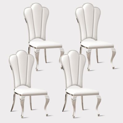 Pvillez White Dining Chairs Set of 4,Upholstered Leather Dining Chairs with Stainless Steel Leg & Petal Backrest,Pu Leather Dining Room Chairs,Mid Century Modern Dining Chairs for Dining Room Kitchen