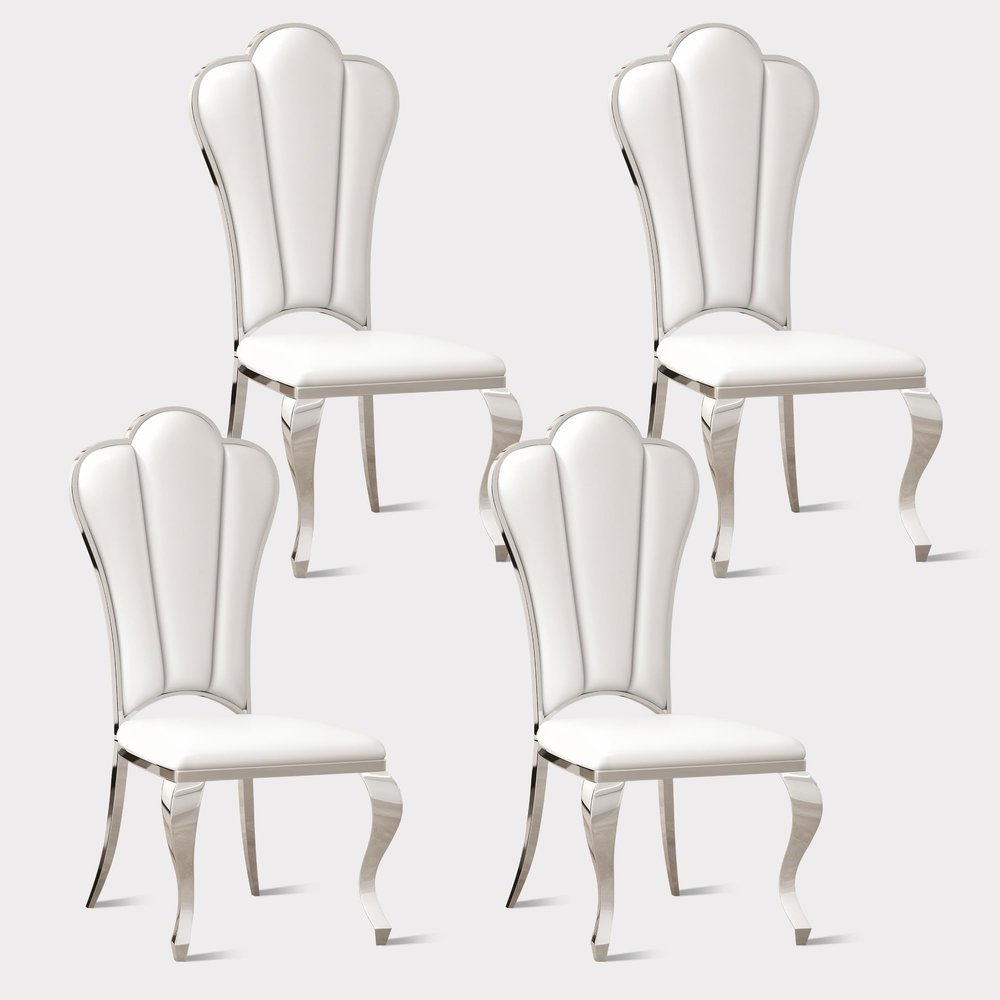 Pvillez White Dining Chairs Set of 4,Upholstered Leather Dining Chairs with Stainless Steel Leg & Petal Backrest,Pu Leather Dining Room Chairs,Mid Century Modern Dining Chairs for Dining Room Kitchen