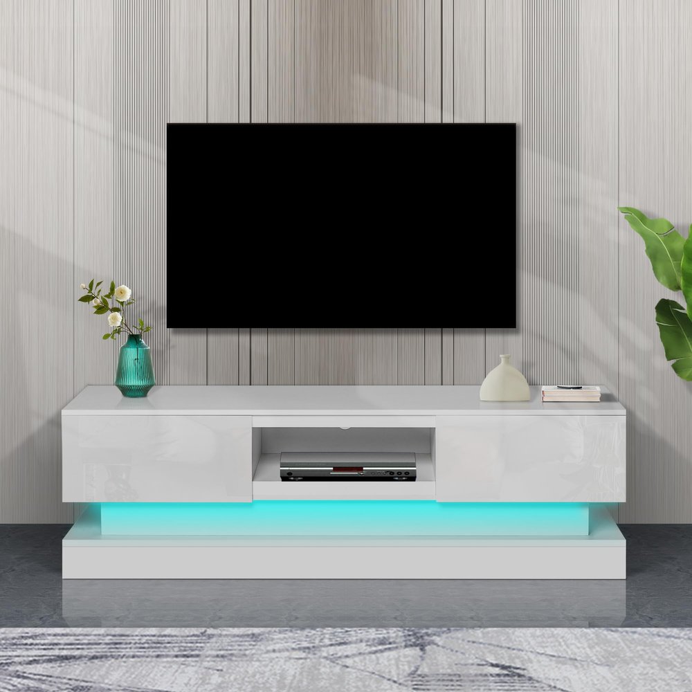63inch White Morden TV Stand with LED Lights,high Glossy Front TV Cabinet,can be Assembled in Lounge Room, Living Room or Bedroom,Color:White