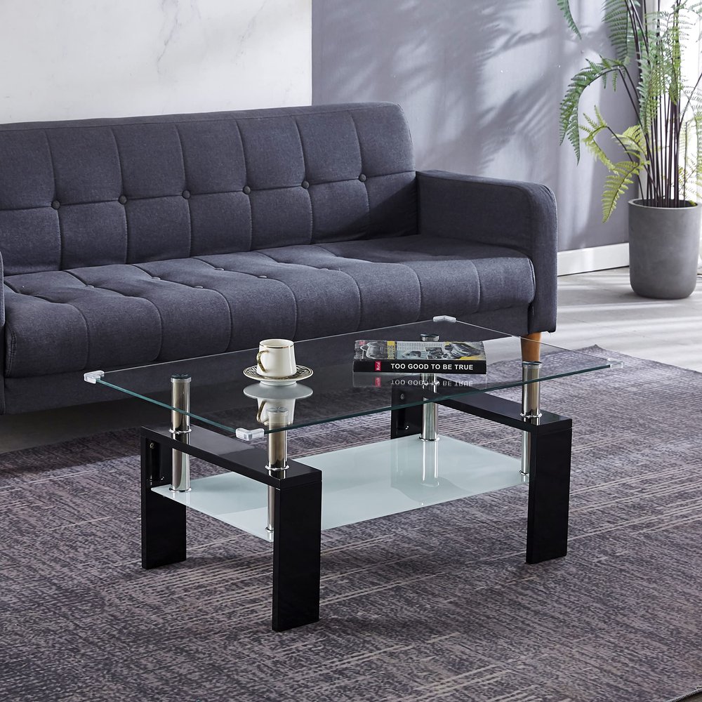 Artisan Center Coffee Table, Tempered Glass Top Stainless Steel Legs for Living Room, 37" Lx22 Dx16 H, Black