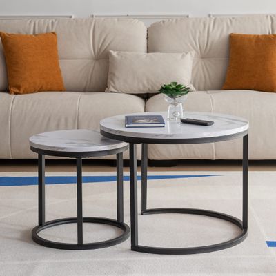 Modern Nesting Coffee Table,Black Metal Frame with Marble Color top-23.6