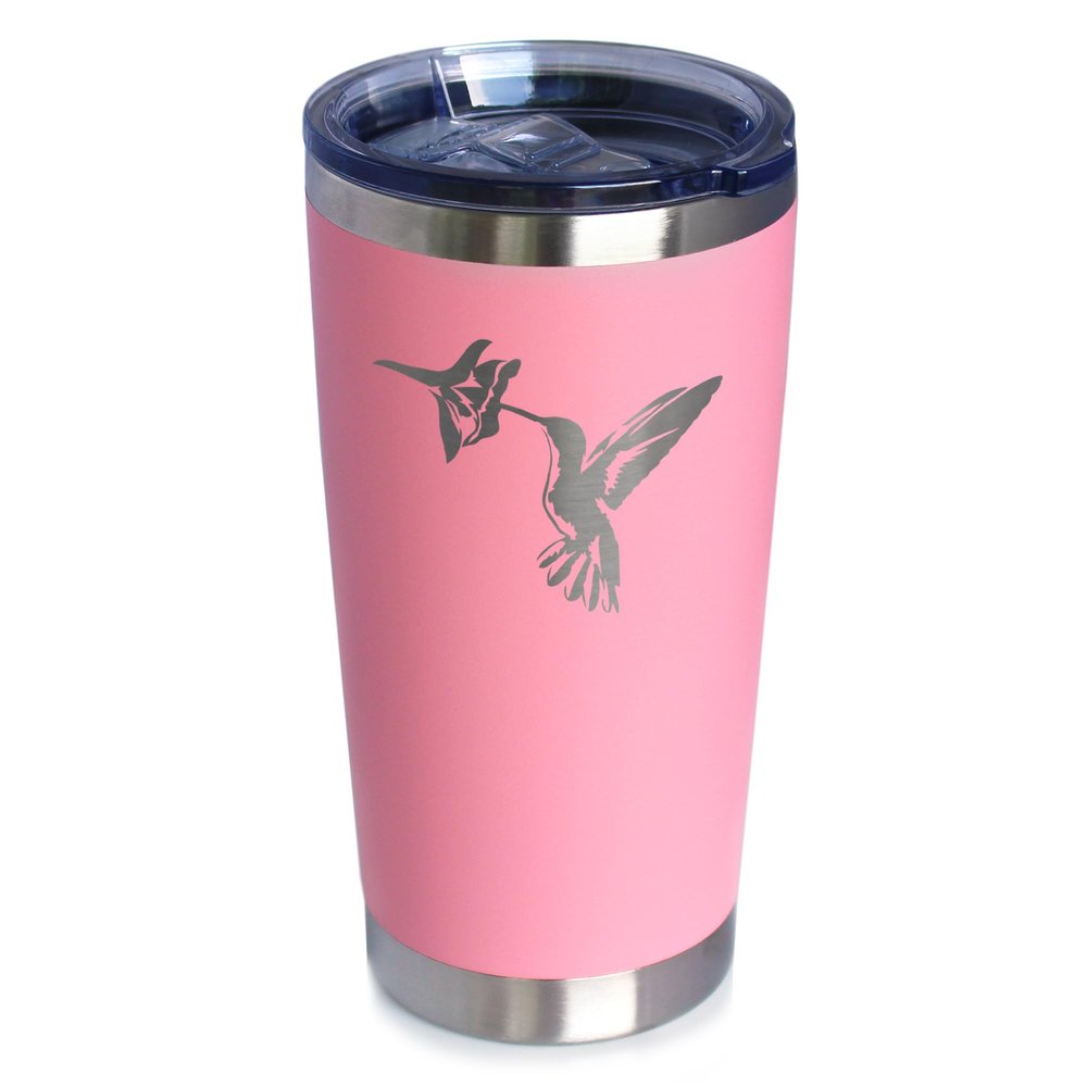 Bevvee Hummingbird - Insulated Coffee Tumbler Cup with Sliding Lid - Stainless Steel Insulated Mug - Hummingbird Gifts and Decor for Women and Men - Pink