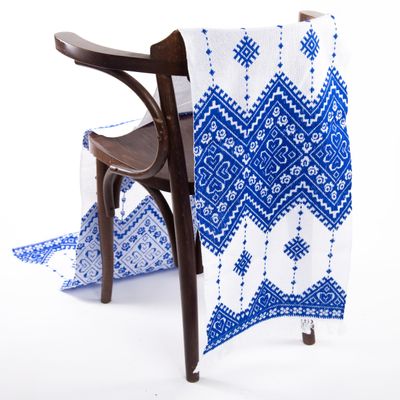 Rushnichok Ukrainian RUSHNYK Hand Embroidered Towel White Blue Wedding Decor 190 x 33 cm