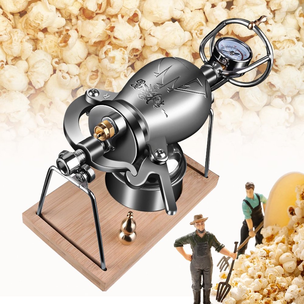 JOSKAA Chinese Popcorn Maker, 304 Stainless Steel Hand Popcorn Machine with Precision Pressure Gauge, Retro Nostalgia Mini Popcorn Machine Can Make Popcorn and Heat Food,300ML