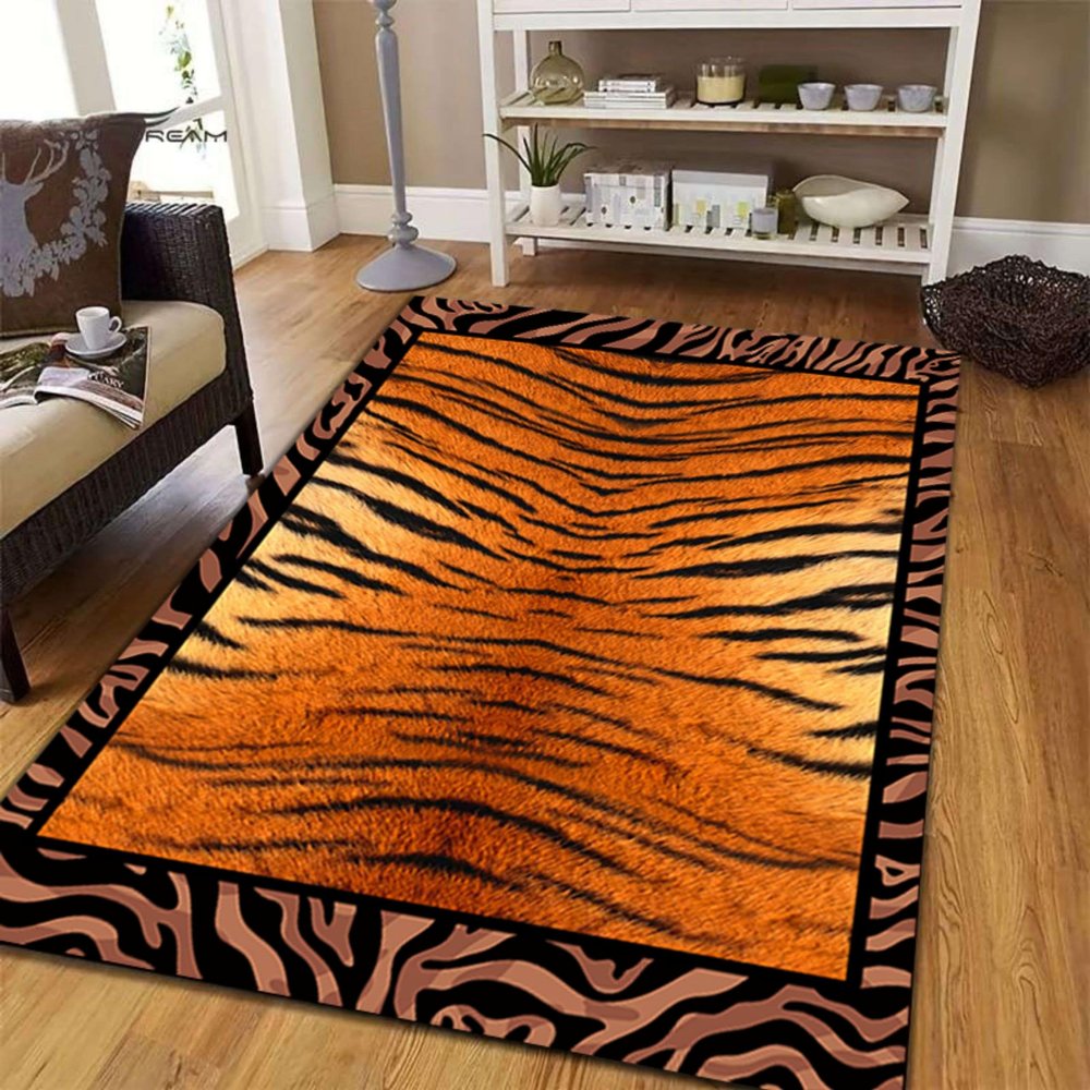 LHOMKCV Tiger Print Area Rugs, 3x5ft, Yellow Tiger Stripe and Brownish Red Tiger Stripe Patchwork Rug, Modern Animal Print Decorative Rug, Non-Slip Easy-Clean Floor Carpet for Living Room Kids Room