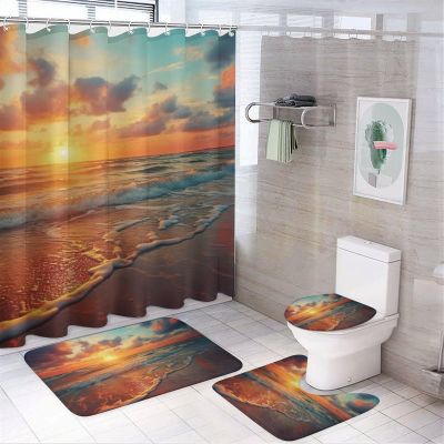 Beautiful Sunset Beach Shower Curtain Sets for Bathroom, 4 Pieces Colorful Modern Ocean Landscape Bathroom Decor Set Waterproof Shower Curtains with 12 Hooks Toilet Lid Rug and Bath Mat