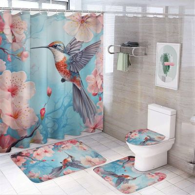 Peach Blossom Hummingbirds Shower Curtain Sets for Bathroom, 4 Pieces Pink Flower Beautiful Birds Bathroom Decor Set Waterproof Shower Curtains with 12 Hooks Toilet Lid Rug and Bath Mat
