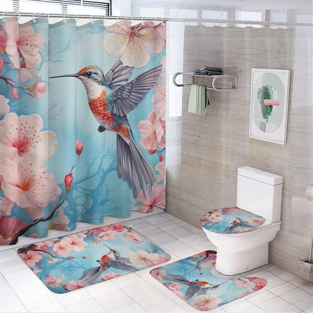 Peach Blossom Hummingbirds Shower Curtain Sets for Bathroom, 4 Pieces Pink Flower Beautiful Birds Bathroom Decor Set Waterproof Shower Curtains with 12 Hooks Toilet Lid Rug and Bath Mat