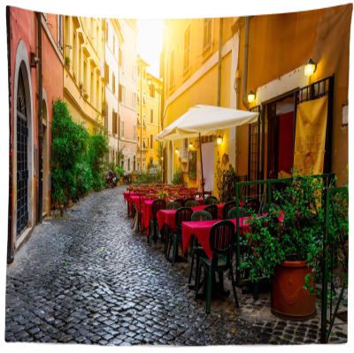 CORFOTO 180x98 Inch Italy Town Street Tapestry Cozy Old Street Cafe Italian Town Sunset Landscape Wall Hangings for Europe Travel Party Decoration Living Room Dorm Bedroom Wall Hanging Decor