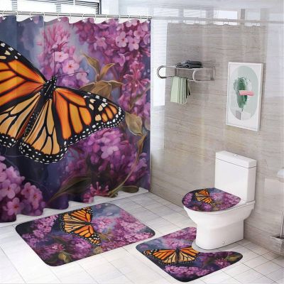 Dunmat 4 Pieces Natural Butterflies Shower Curtain Set Wild Flowers Modern Rustic Bathroom Decor Sets with Rugs Bathroom Accessories Set Bathroom Curtain Shower Set with 12 Hooks