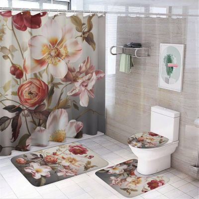 Dunmat 4 Pieces Colorful Flowers Shower Curtain Set Pink Rose Beautiful Natural Floral Bathroom Decor Sets with Rugs Bathroom Accessories Set Bathroom Curtain Shower Set with 12 Hooks