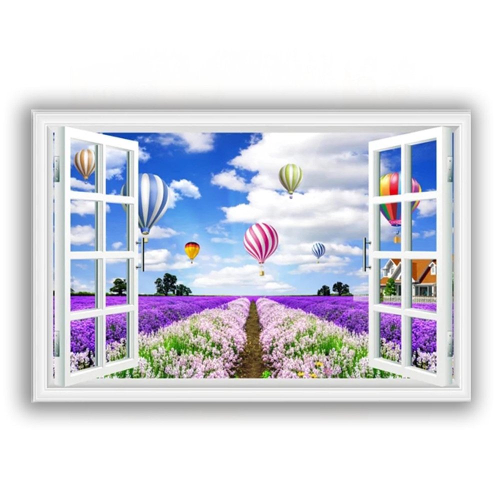 3D False Window Lavender Field Hot Air Balloon Canvas Print Wall Art Window View Print On Canvas Modern Landscape Pictures for Living Room 70x105cm Framed