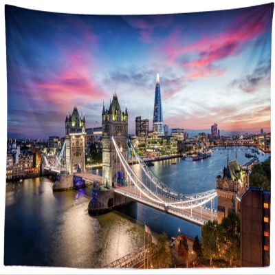 CORFOTO 117x98 Inch London Thames River Tapestry Tower Bridge Skyline Sunset London Scenery Background for Europe Travel Themed Party Birthday Decor Living Room Dorm Wall Hanging