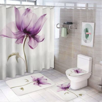 Dunmat 4Pcs Minimalist Flowers Shower Curtain Sets with Non-Slip Rugs, Toilet Lid Cover And U Shape Bath Mat, Nature Vintage Plants Rustic Floral Bathroom Sets Waterproof Shower Curtains with 12 Hooks