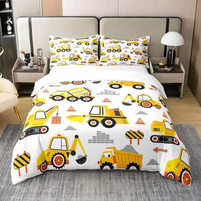 Erosebridal 100 Percent Cotton Construction Bedding Duvet Cover Truck Comforter Set Queen, Tractor Vehicle Bedding Toddler Soft Breathable Bedroom Set Cute Comfy Cozy Room Decor, Yellow