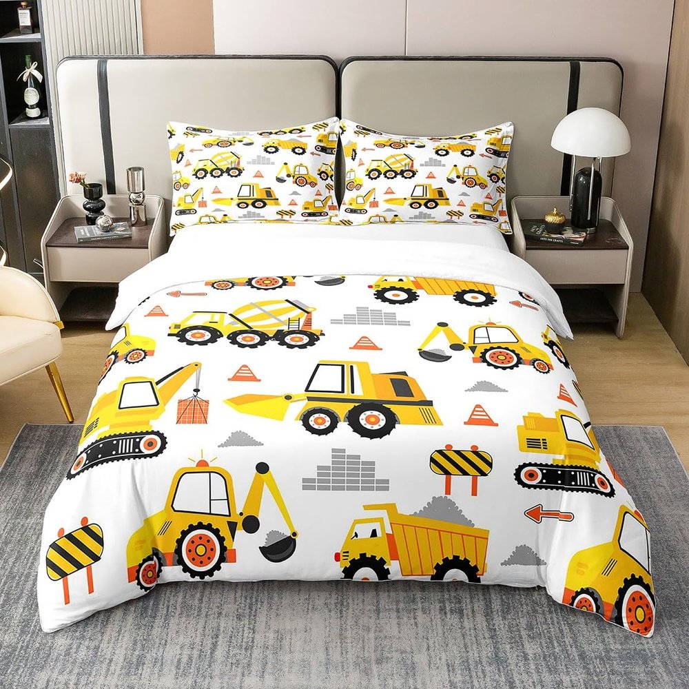 Erosebridal 100 Percent Cotton Construction Bedding Duvet Cover Truck Comforter Set Queen, Tractor Vehicle Bedding Toddler Soft Breathable Bedroom Set Cute Comfy Cozy Room Decor, Yellow