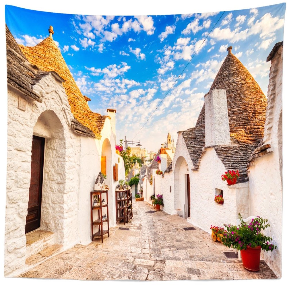 CORFOTO 117x78 Inch Italy Town Street Tapestry Famous Trulli Houses Sunny Blue Sky Italian Street Wall Background for Europe Themed Party Decor Wedding Bedroom Living Room Dorm Wall Hanging