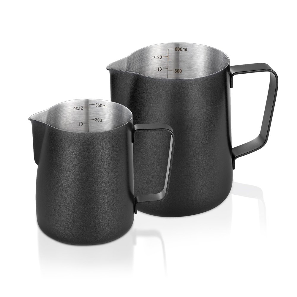2 Pack Matte Black Milk Frothing Pitcher, 12oz/350ml & 20oz/600ml Espresso Steaming Pitcher, Stainless Steel Milk Frother Steamer Cup, Perfect for Espresso Coffee Cappuccino Latte Art
