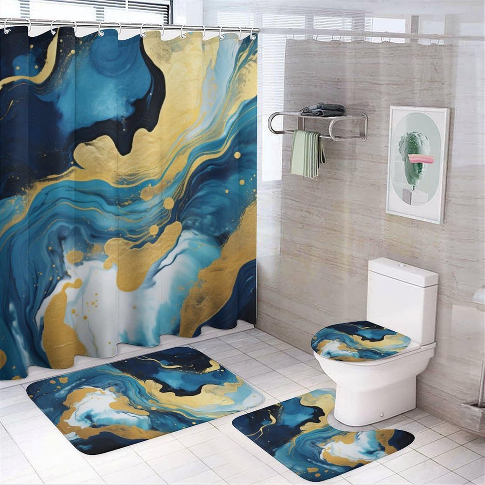 Scandinavian Style Marble Shower Curtain 4 Piece Sets with Non-Slip Rugs,Toilet Lid Cover And Bath Mat Navy Blue Gold Fluid Abstract Modern Waterproof Shower Curtain with 12 Hooks Bathroom Set Home De