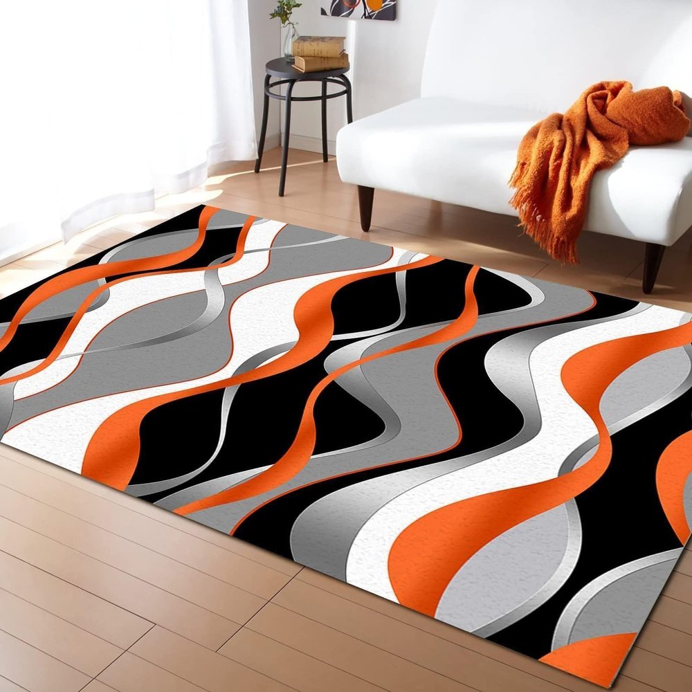 Geometric Abstract Orange Indoor Area Rugs, Abstract Lines Gradient Orange Non-Slip Kids Rug, Upholstery Rug with Non-Slip Backing for Kids Boys Girls Bedroom Living Room Dining Room Study 6.6ftx5.3ft