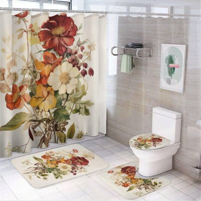 Dunmat Vintage Bouquet Flowers Shower Curtain Sets with Rugs Toilet Lid Cover and Bath Mat Rustic Wildflowers Natural Plants Shower Curtains with 12 Hooks Waterproof 4 Piece Bathroom Decor Set