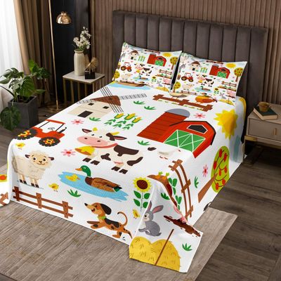 Cartoon Tractor Coverlet Set King Size, Cute Farm Animals Quilted Coverlet Kids Toddler Farmhouse Bedspread Cute Farm Animals Quilted 3Pcs